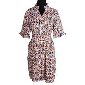 NWT | OURIN Blue and Orange Floral Medallion Button-Front Flutter Sleeve Dress |